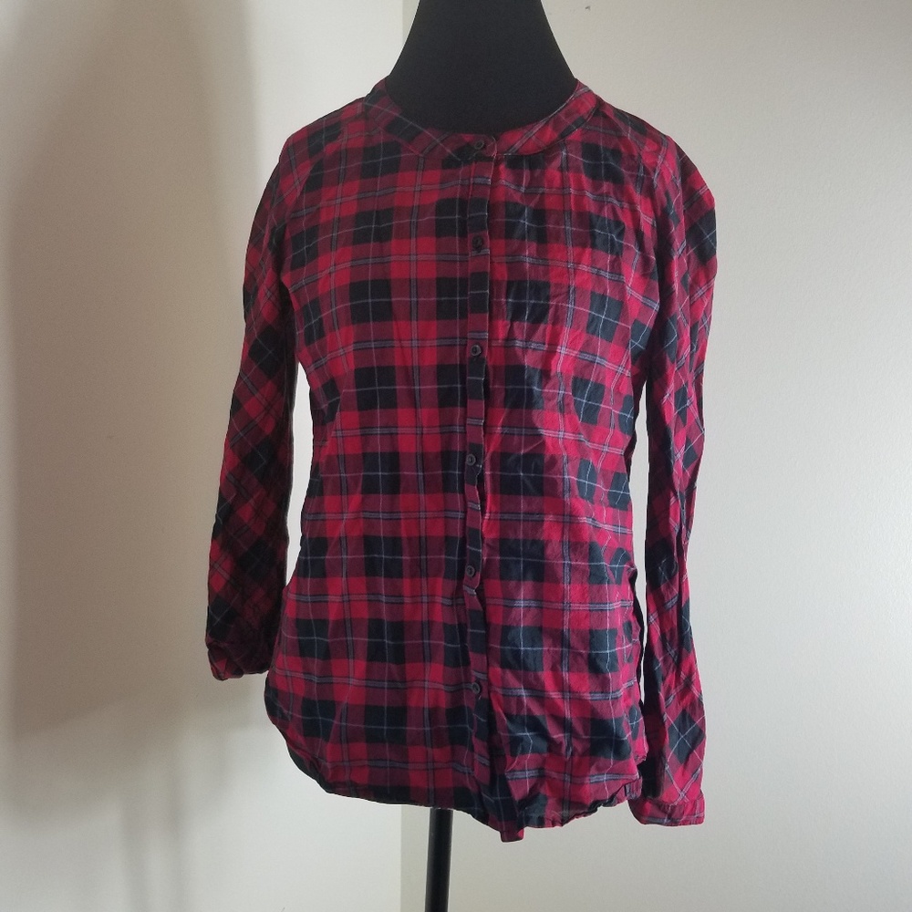 Love On Tap Red Plaid Long Sleeve Lace Back Blouse